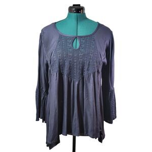 ANGIE Women Navy Blue Lace Inset Bell Sleeve Tunic Top‎ Size L